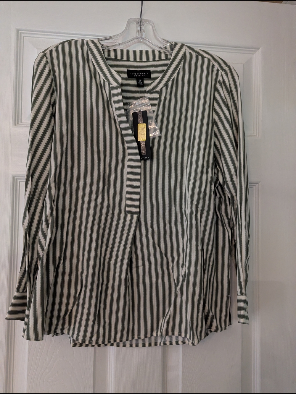 Investments Olive and White Striped Button-Up Top Women's Petite Small